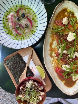 orata sashimi, tomato carpaccio with tofu, tuna roll at Neumarkt pop-up, Cucina Itameshi